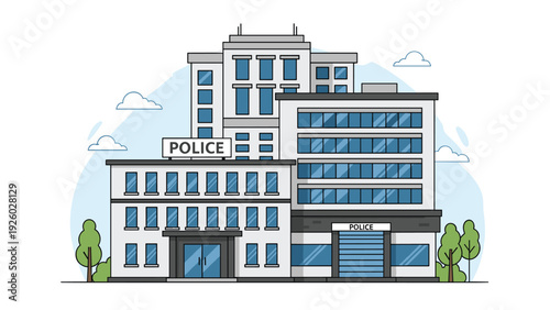 Modern police station building with multiple floors, blue windows, and official signage surrounded by small trees.