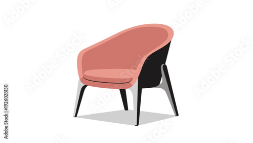 Comfortable modern armchair with a pink seat and a black frame shown on a light gray shadow in a flat vector style.