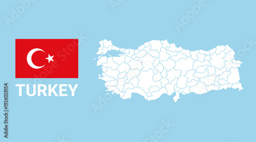Turkey Map with Administrative Divisions, National Flag, and Country Name on Blue Background