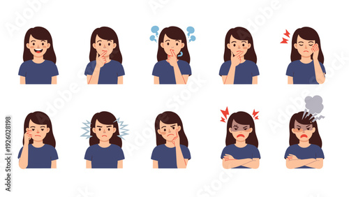 Character design set showing a young woman expressing various emotions through facial expressions and hand gestures in a flat style.