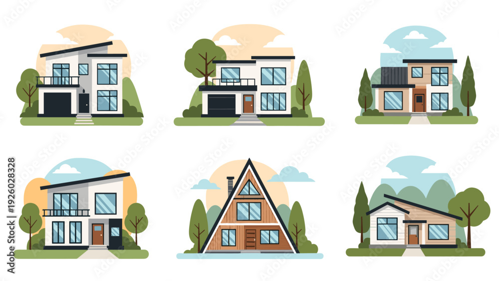 Fototapeta premium Modern residential architecture set featuring various house designs with unique rooflines landscaping and contemporary aesthetic details.