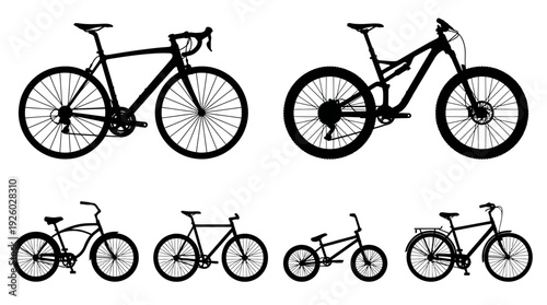 Collection of Bicycle Silhouettes Vector Set: Road, Mountain, Cruiser, City, and BMX Bikes