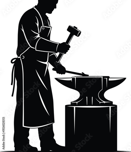 Black vector silhouette of a professional blacksmith wearing an apron and using a hammer to forge metal on an anvil for industrial metalworking branding