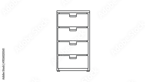 Simple four-drawer dresser or storage cabinet depicted in a clean black and white line art style for home organization concepts.