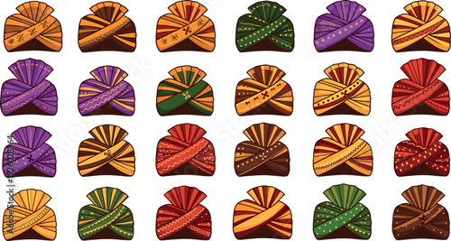 Colorful Indian turban collection illustration featuring traditional pagri and safa designs for weddings, royalty, cultural fashion, ethnic headwear patterns, and festive heritage style