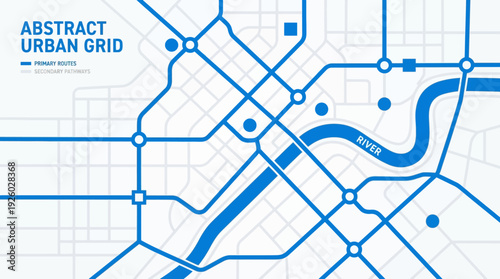 Abstract Urban Grid Map: Modern City Planning, Transportation & Navigation Network with River