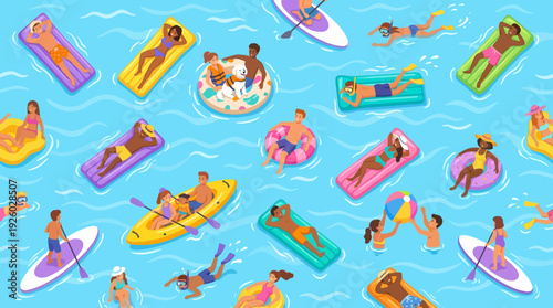 Summer Water Fun Seamless Pattern: Diverse People Enjoying Pool & Beach Activities – Floating, Swimming, Paddleboarding, Kayaking on Vibrant Blue Waves