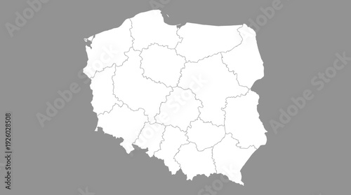 Poland Map with Voivodeships Outline. Blank Template of Polish Administrative Divisions on Gray Background for Customization.