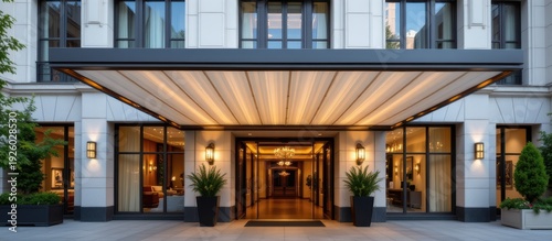 Luxury hotel entrance with modern glass doors, potted plants, and warm lighting.