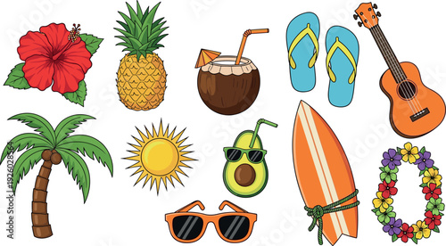 Summer tropical vacation icon set with beach elements, fruits, surfboard, sunglasses, flowers, music and sunshine, colorful vector illustrations for travel, holidays, and lifestyle design
