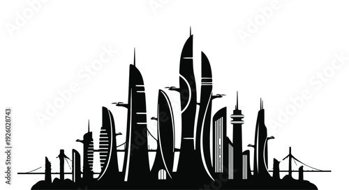 Dynamic silhouette of a futuristic city skyline showcasing sleek, modern skyscrapers and innovative architecture, symbolizing urban progress and technological advancement in a contemporary metropolis