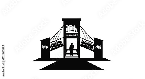 Lone figure walks towards a grand suspension bridge entrance, symbolizing journey and aspiration.
