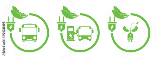 Green electric bus icon set with plugs. City electric bus charging station. Bus battery charging station. Environmentally friendly alternative energy. Vector illustration
