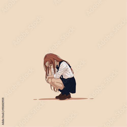 A girl in school uniform squats against a plain background