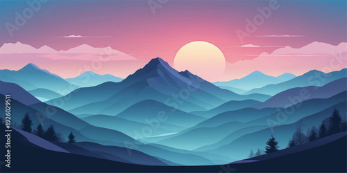 Sunrise and sunset in the mountains over a morning landscape of hills and a snow peak valley with a blue sky, sun, and clouds at dawn