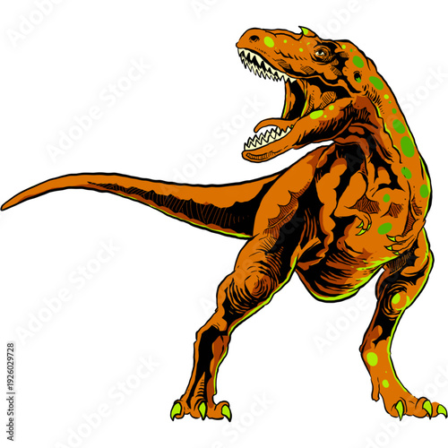 A cute green cartoon T-Rex dinosaur vector illustration of a prehistoric Tyrannosaurus rex lizard isolated on a white background for fun jurassic wildlife art
