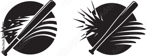 A pair of striking black and white vector illustrations featuring a baseball bat within a circular emblem, depicting dynamic impact and powerful motion in sports
