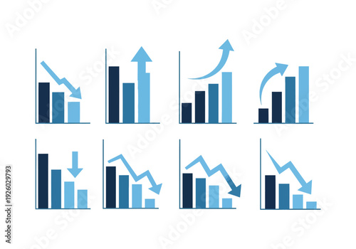 Business data analysis graphs with arrows on white background