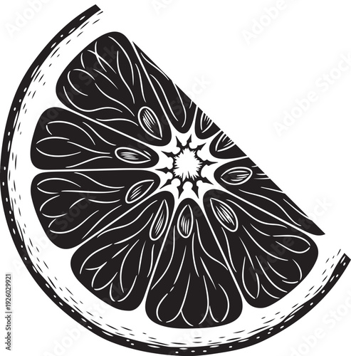 A single sliced citrus fruit section with detailed pulp illustration on a transparent background, perfect for healthy food designs and organic concepts