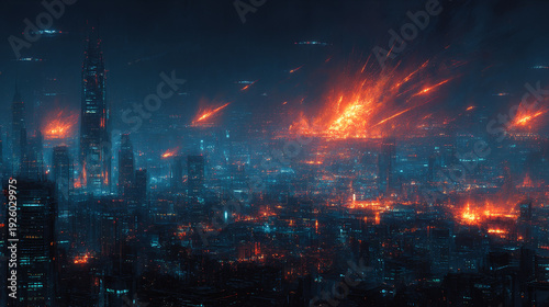 Futuristic city skyline engulfed in fiery explosions and destruction at night