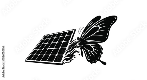 Butterfly emerges from a solar panel, symbolizing renewable energy and transformation.