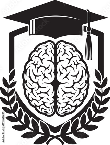A vector illustration combining a human brain, graduation cap, and laurel wreath, symbolizing knowledge, achievement, and academic excellence