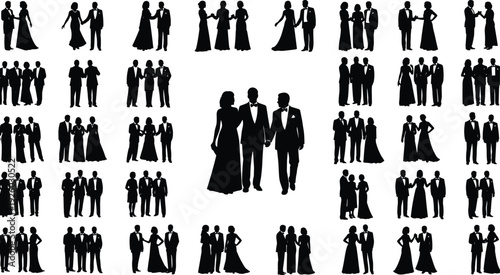 Large collection of elegant wedding guest and formal event silhouettes featuring couples and groups in tuxedo suits and evening gowns.