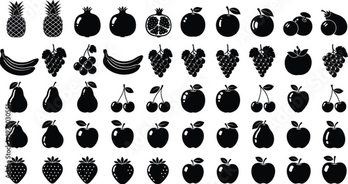Large collection of fruit silhouette icons featuring apples, bananas, grapes, strawberries, pineapple, and citrus for healthy food menu design and organic grocery,