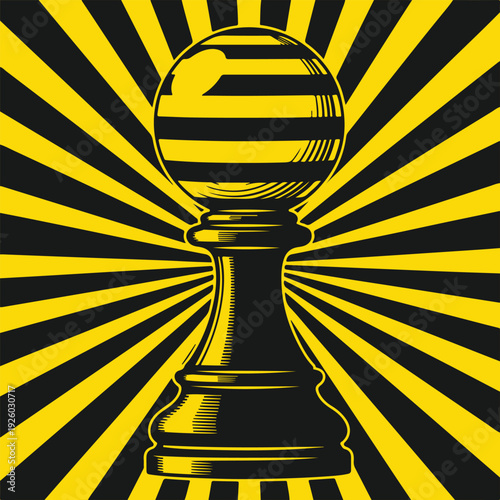 Black and yellow striped chess pawn against radial background for strategic thinking and game concept design isolated on white
