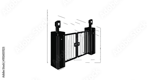 Vector illustration of a classic closed black metal gate with two strong pillars, each featuring an elegant light fixture, presented in a clean, minimalist line art style