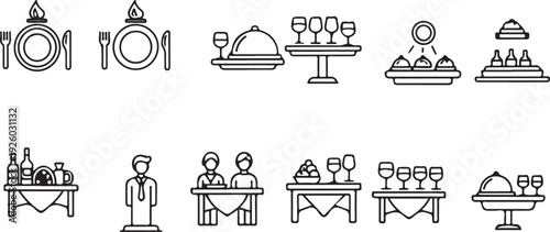 Catering Service Icons: Food Drinks and Dining Arrangements Isolated on white background