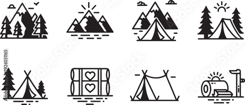 Camping Tents and Mountain Scenes Vector Icons Isolated on White Background