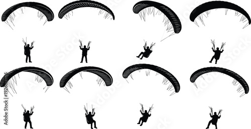 Black vector silhouette set of eight paragliders or skydivers descending with open parachutes for extreme sports adventure skydiving and military training concepts