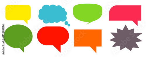 A simple design set of colorful message comment chat boxes. A collection of comic and social media speech bubbles, text boxes, and chat boxes. A vector set of comic and social media speech bubbles.