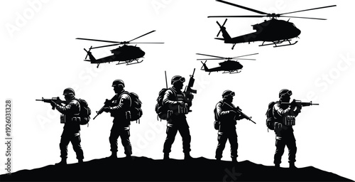 Military soldier silhouettes standing on ridge with helicopters flying in sky for army tactical combat and war mission design icons