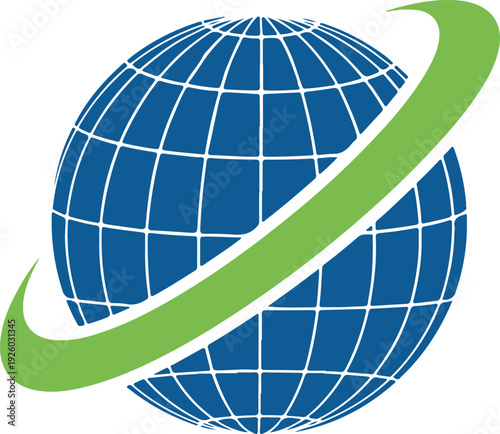 Global communication network icon with blue planet earth globe and green orbital swoosh line representing international connection business travel internet technology