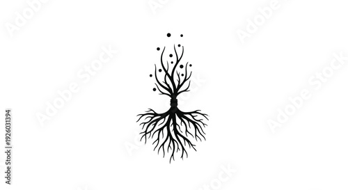 Minimalist graphic illustration of a vibrant tree with deep roots and flourishing branches, symbolizing growth, strength, and natural connection