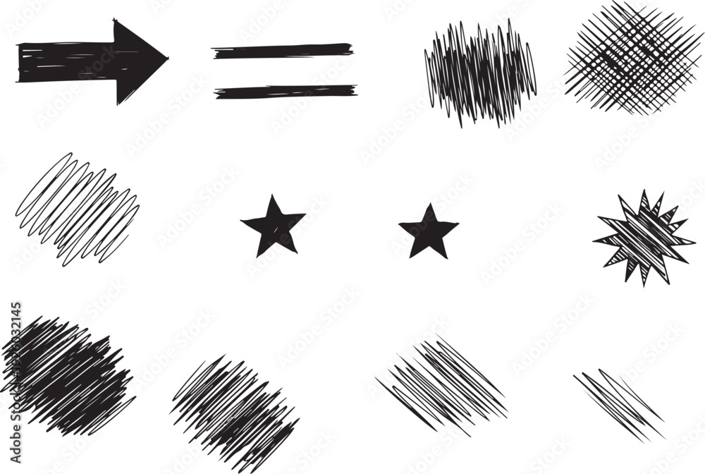Fototapeta premium Hand-Drawn Arrow Equal Sign Stars and Scribble Shapes Collection Isolated on white background
