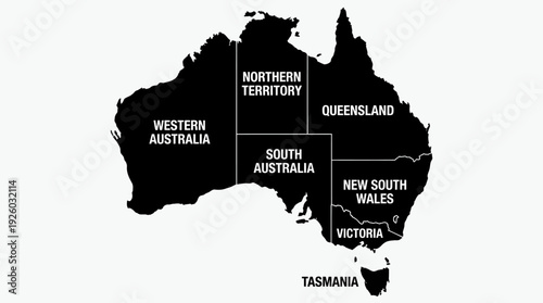 Australia Map with States & Territories. Black and White Political Outline Vector Illustration