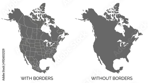 North America Map Vector Set with Country and State Borders vs. Solid Continent Silhouette Illustration