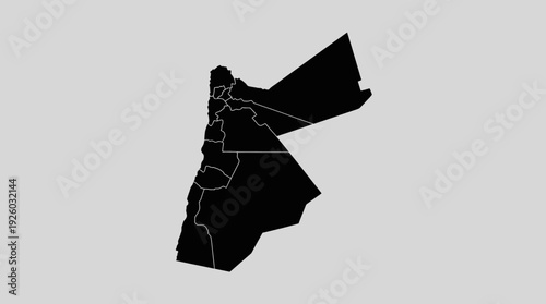 Jordan Map with Administrative Divisions. Black Silhouette Vector Outline of Jordan and its Governorates on a Grey Background.