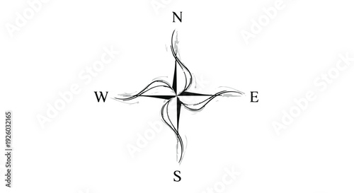 Navigational Compass Rose with Cardinal Directions and Swirling Accents