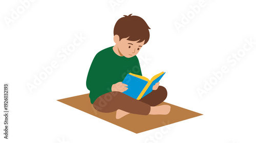Cute Cartoon Boy Reading a Book Cross-Legged on a Mat, Symbolizing Early Education and Knowledge