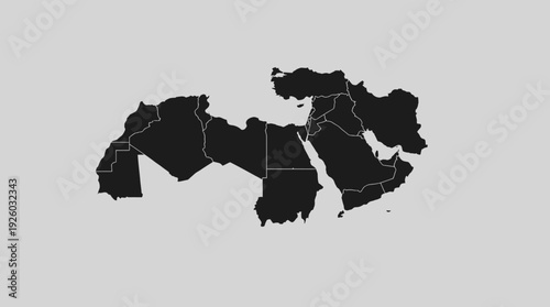 MENA Region Map Outline - Middle East and North Africa Silhouette with Country Borders