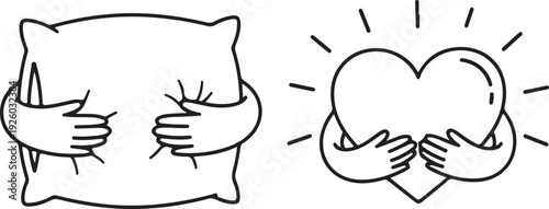 Hands Hugging Pillow and Heart Icons Comfort Love and Self-Care Symbols