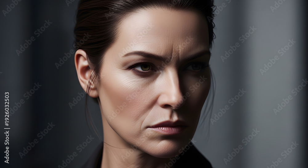 Fototapeta premium Close up portrait of a woman with a serious and firm facial expression