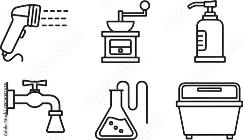Household Appliances Icons: Hair Dryer Coffee Grinder Soap Dispenser Faucet Flask Container | Vector Set