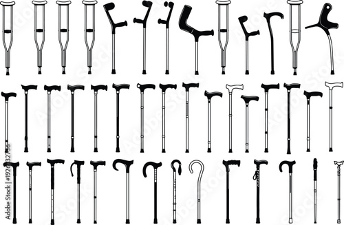 Large collection of medical walking aids silhouettes including adjustable aluminum crutches forearm canes and orthopedic mobility sticks for physical therapy rehabilitation and injury recovery