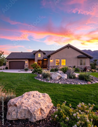 A house with a large yard and rock formations at sunset
