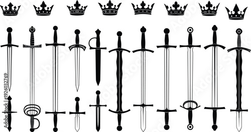 Large collection of medieval sword and royal crown silhouettes vector set featuring ancient weapons and king headgear isolated on white background for design.